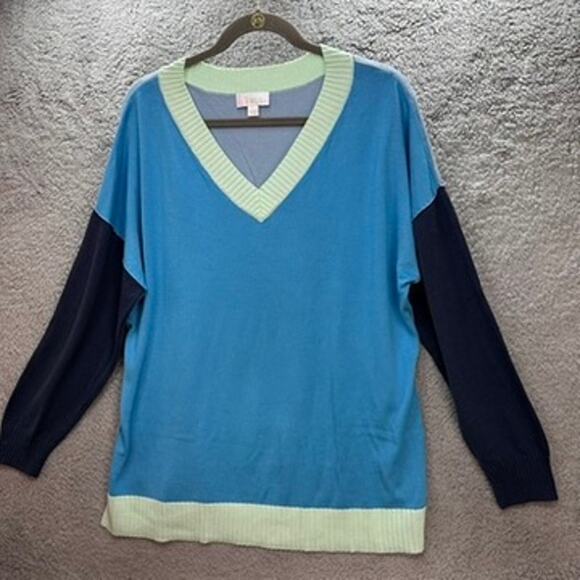 Belle by Kim Gravel Large Knitted Sweater V-Neck Color Block Casual Comfort - Picture 4 of 10